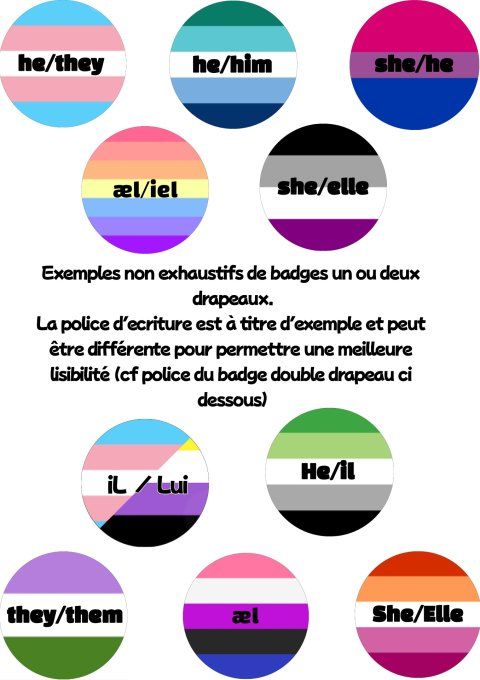 Exemples de badges drapeaux avec différents pronoms