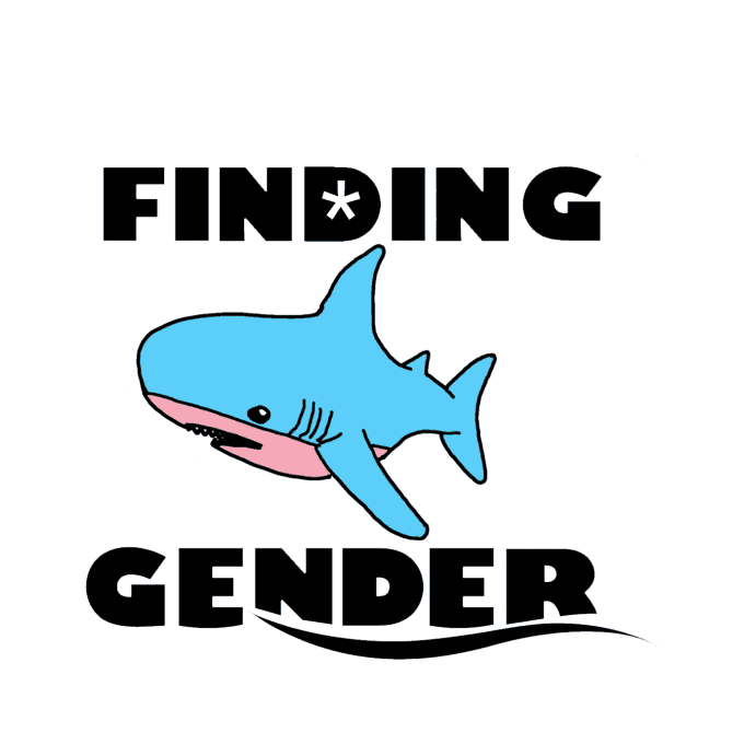 Un Requin bleu et rose sur fond blanc, avec le texte Finding Gender autour