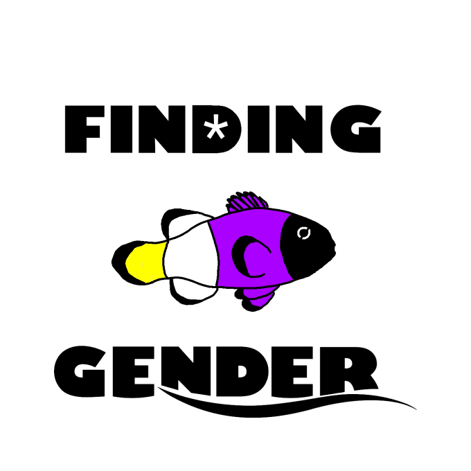 Un Poisson clown aux couleurs du drapeaux non binaire, avec le texte Finding Gender